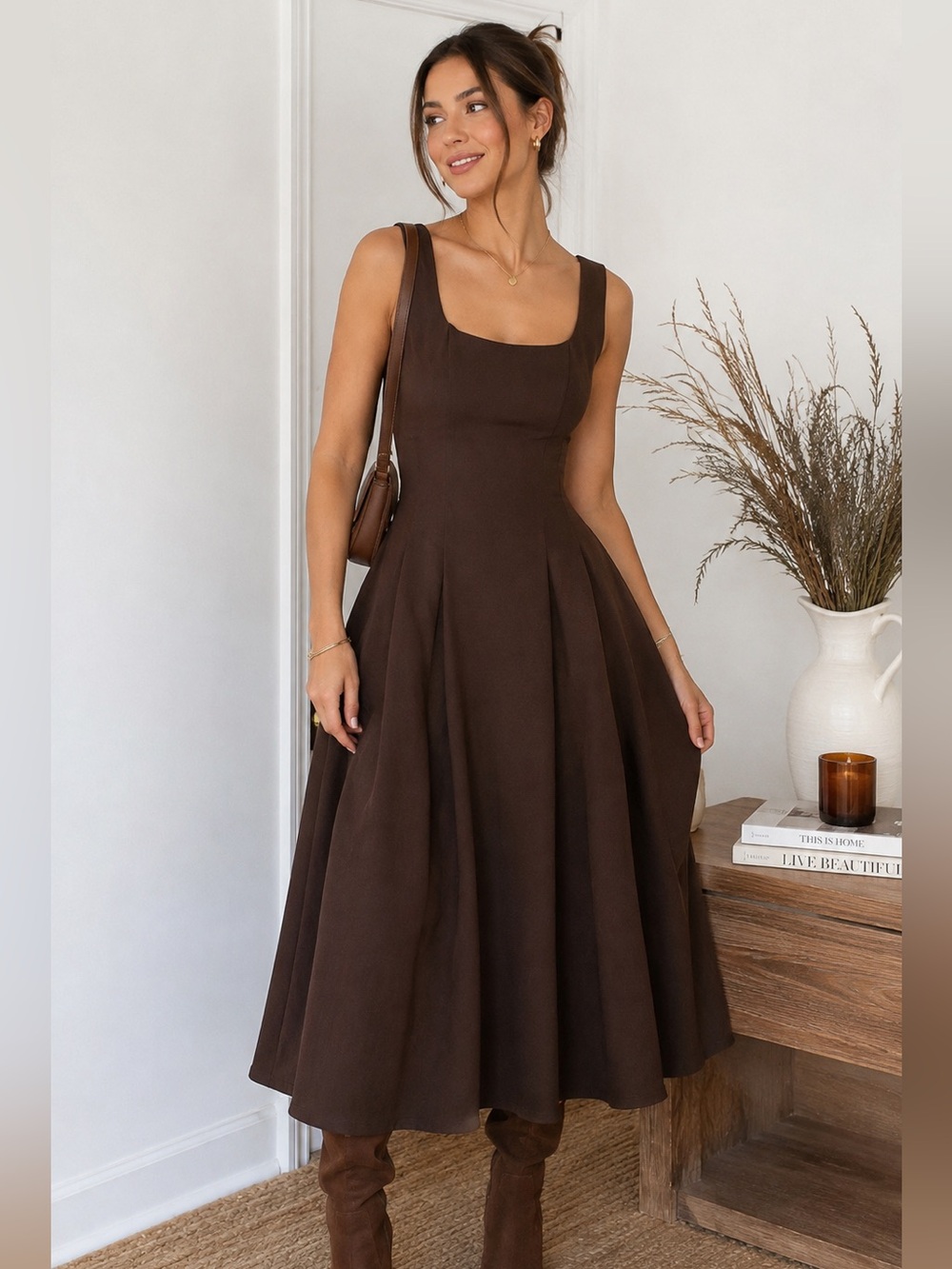 Rare London Dark Brown Square Neck Midi Dress with Pockets